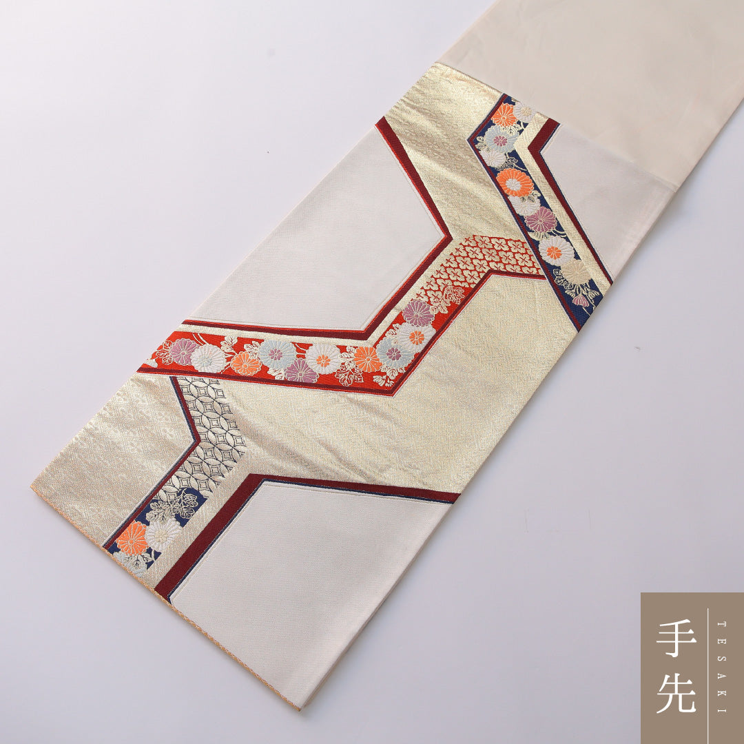 袋帯 帯丈432cm 正絹 六通 フォーマル 亀甲 吉祥文様 白系 金系 1243-01964