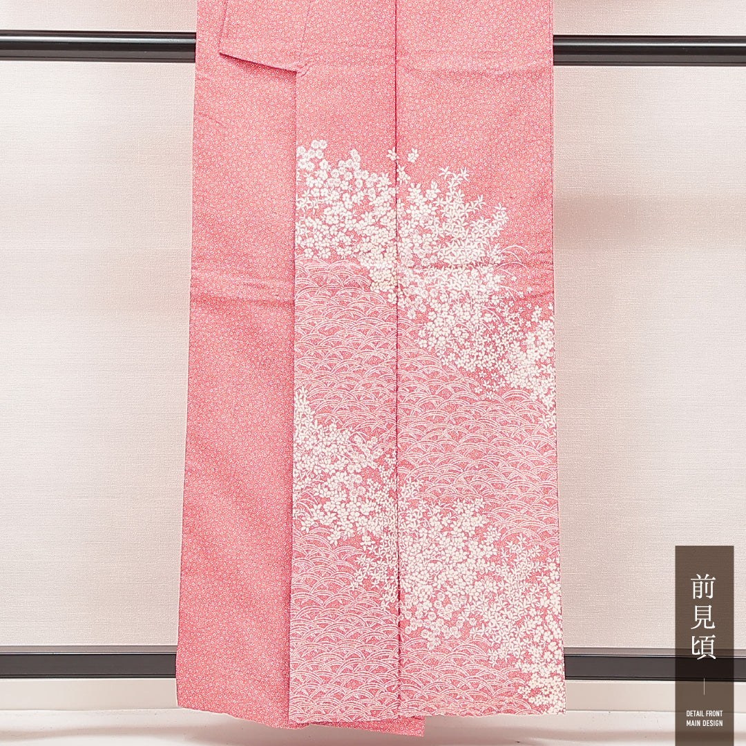 江戸小紋(大小霰) 洗える着物 袷 身丈158cm 裄丈63cm ポリエステル Sランク Mサイズ 広衿 インフォーマル 花柄 訪問着 ピンク系 1262-16904
