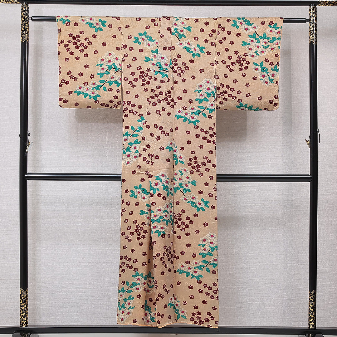 アンティーク 小紋 袷 身丈150cm 裄丈61cm 正絹 Cランク バチ衿 Sサイズ 椿 ベージュ系 M4 1221-16747