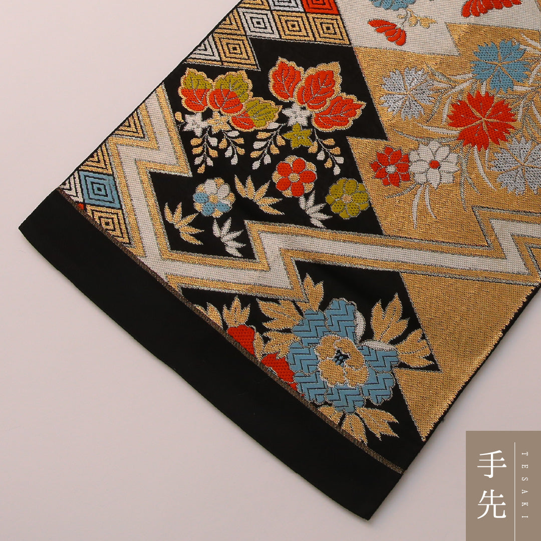 袋帯 帯丈412cm フォーマル 六通 未仕立て 帯芯なし Bランク 正絹 吉祥文様 松皮菱 黒系 金系 1223-01892