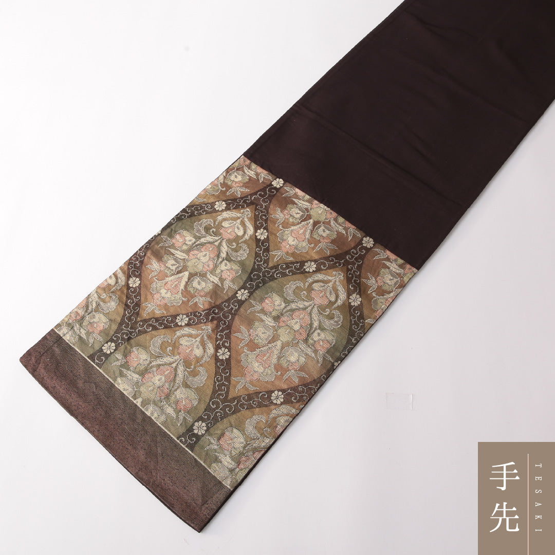 袋帯 帯丈430cm 正絹 全通 フォーマル ふくれ織 唐草華文 網目 茶系 緑系 1243-01742