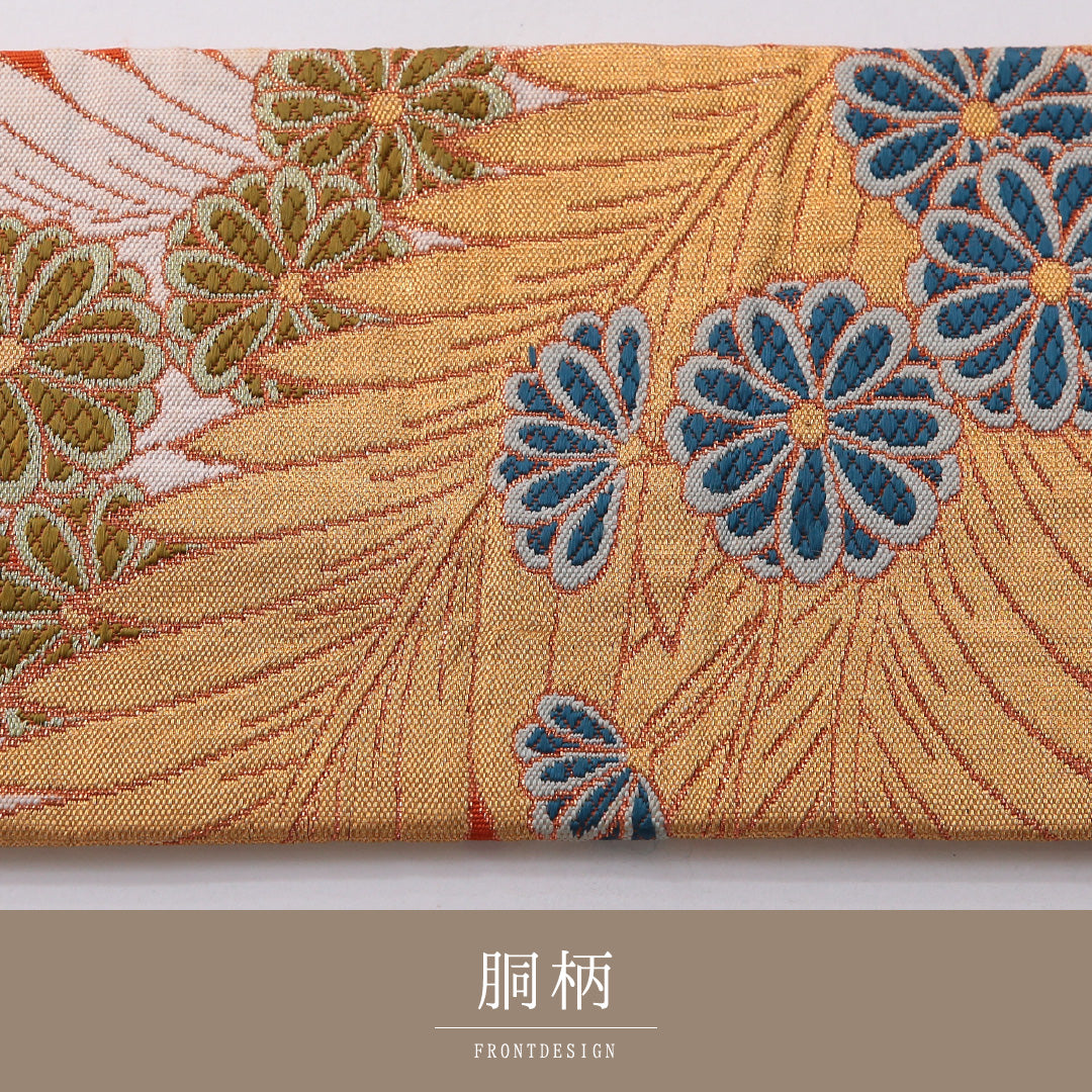 アンティーク 九寸名古屋帯 帯丈345cm カジュアル 名古屋仕立て 六通 Aランク 正絹 菊 朱系 1224-03532