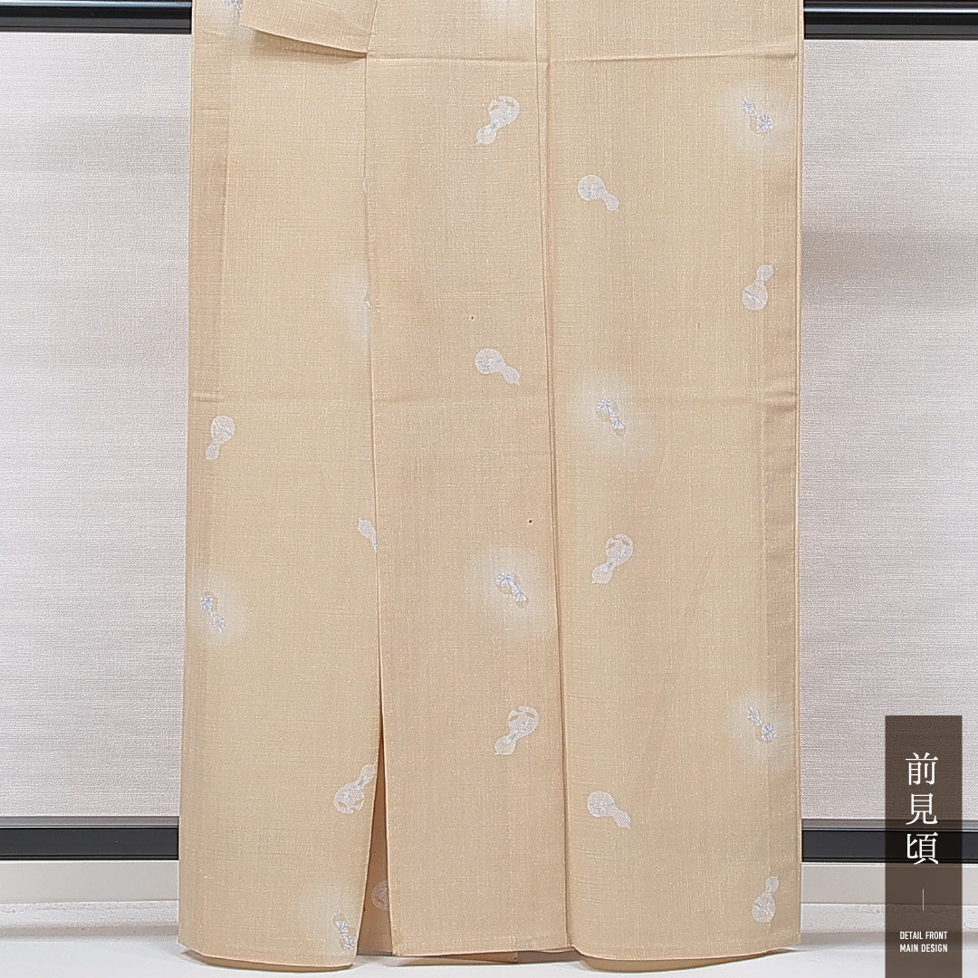 紬 単衣 身丈161cm 裄丈67cm 正絹 Cランク Lサイズ 広衿 カジュアル 染紬 瓢箪 クリーム系 1216-15676