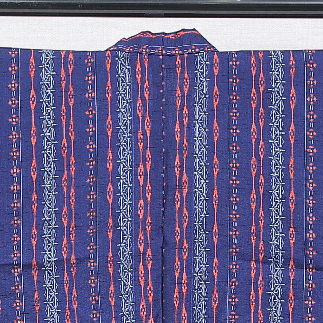 ウールの道中着(紬) 洗える着物 単衣 身丈75cm 裄丈65cm ウール Sランク Mサイズ カジュアル 創作柄 青系 1264-16815