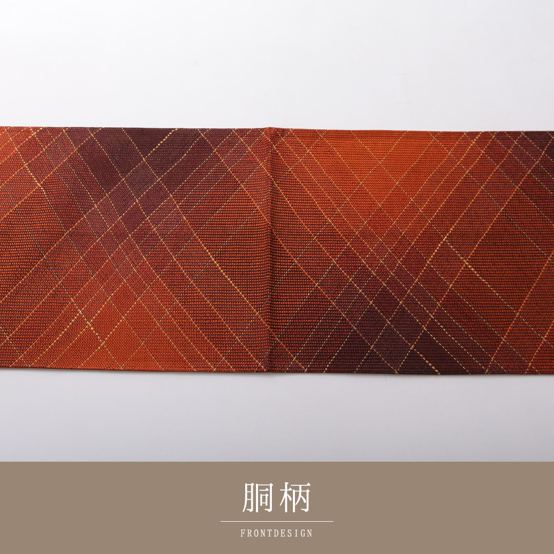 袋帯 帯丈440cm インフォーマル 六通 Aランク 正絹 格子 朱系 1223-02078