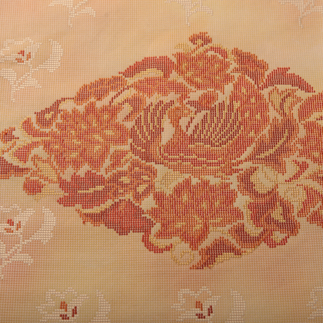 九寸名古屋帯 帯丈359cm カジュアル 名古屋仕立て ポイント柄 Dランク 正絹 鳥 ベージュ系 黄系 1224-03579