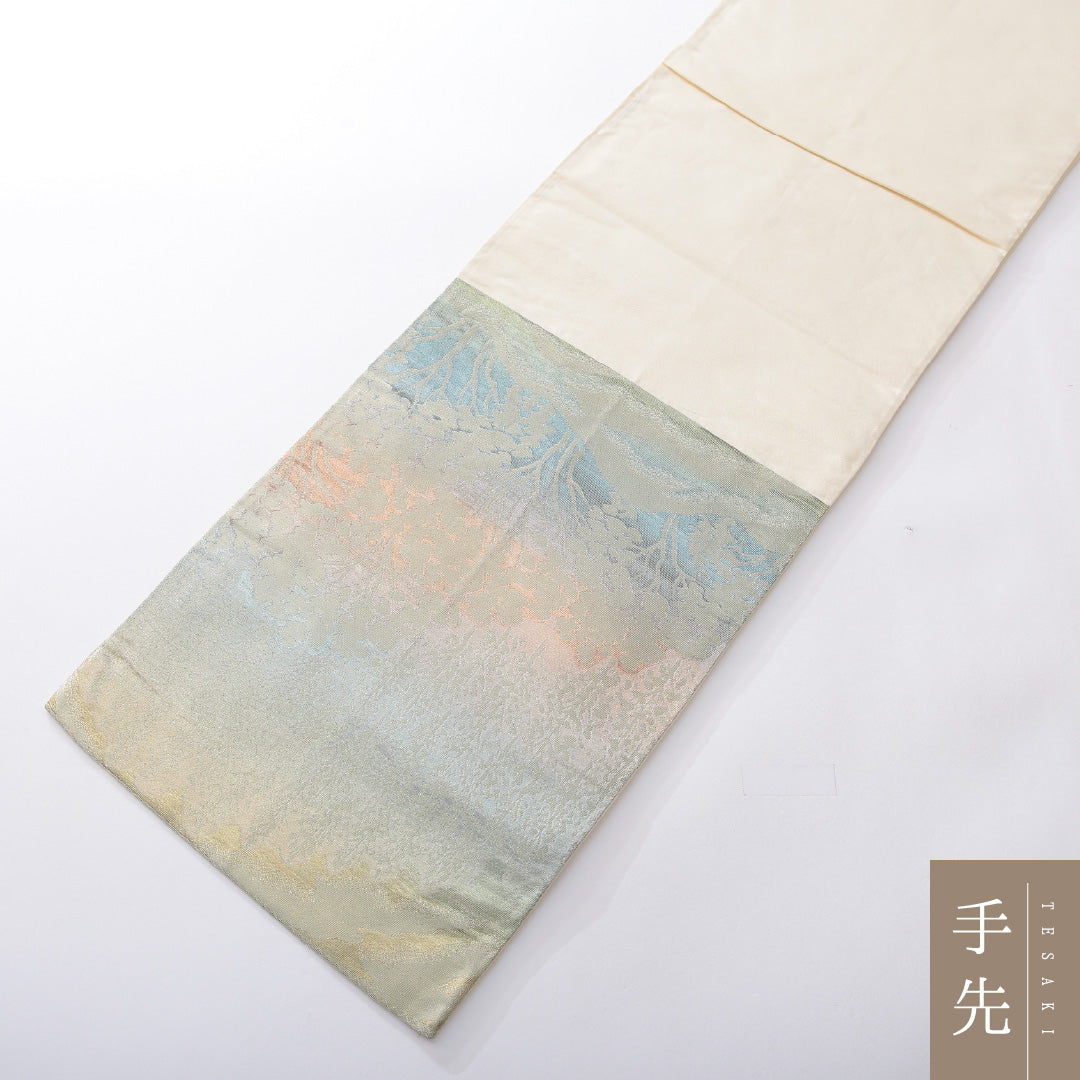 袋帯 帯丈414cm 正絹 六通 セミフォーマル 木立 クリーム系 1243-02172