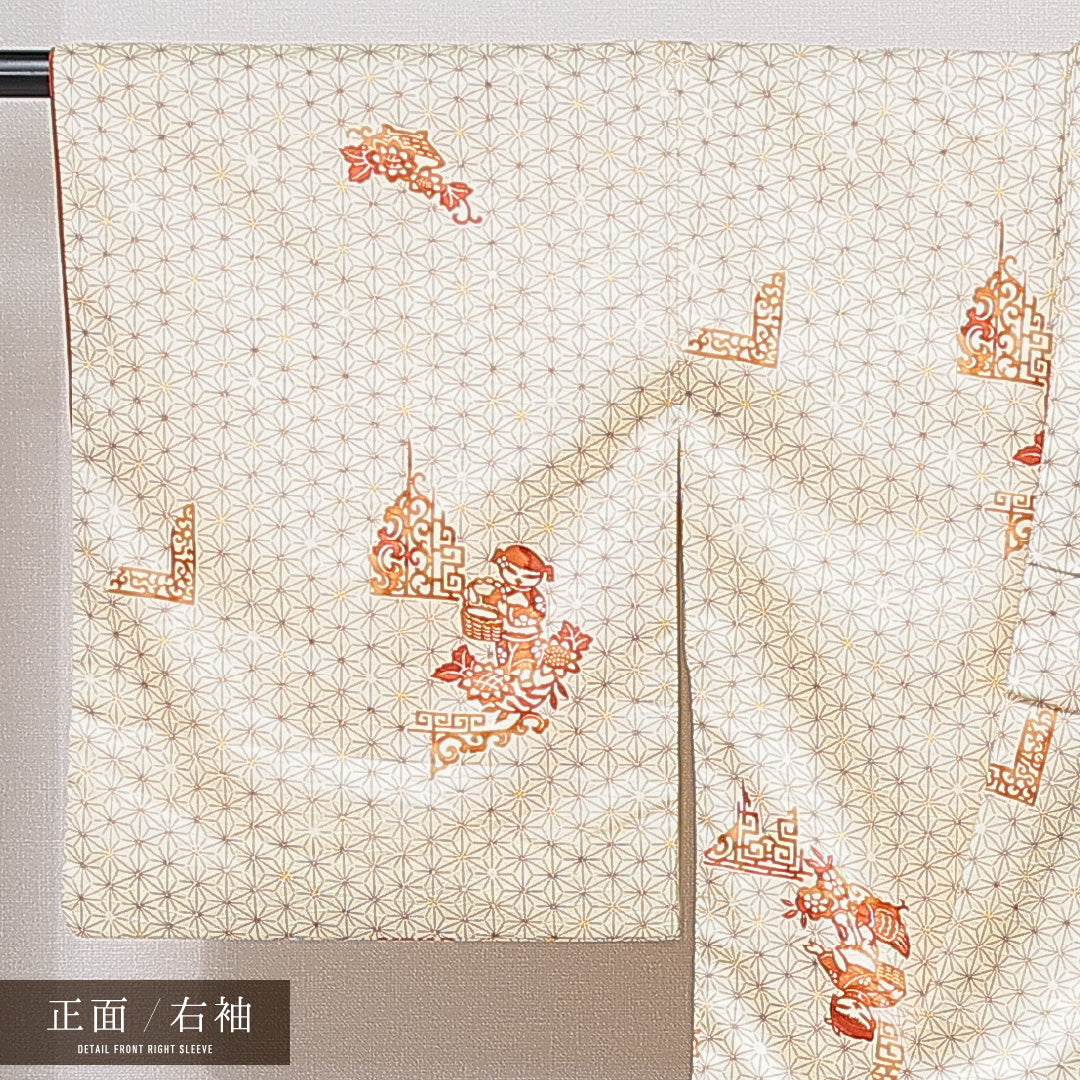 洗える着物 小紋 袷 身丈154cm 裄丈65cm ポリエステル Aランク インフォーマル 広衿 Sサイズ 紗綾型 クリーム系 HP 1221-15813
