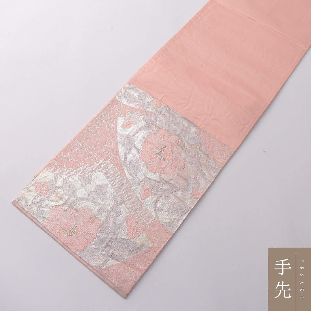 袋帯 帯丈424cm 正絹 六通 フォーマル 扇面文 唐草牡丹 銀系 ピンク系 1243-01958