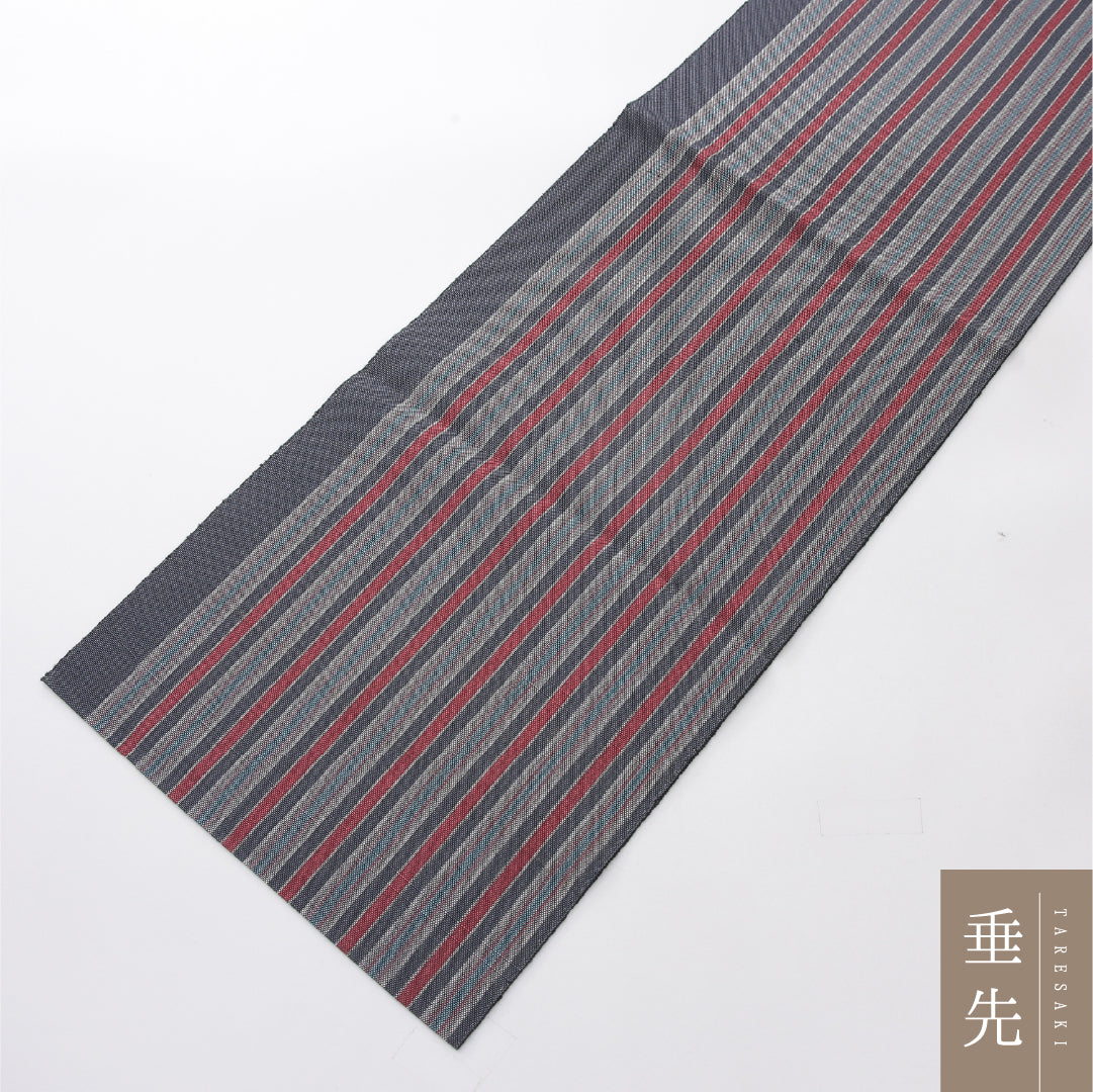 八寸名古屋帯 Sランク 帯丈349cm 正絹 全通 松葉仕立て 織り カジュアル 本場筑前博多織 縞 グレー系 RP 1245-04009