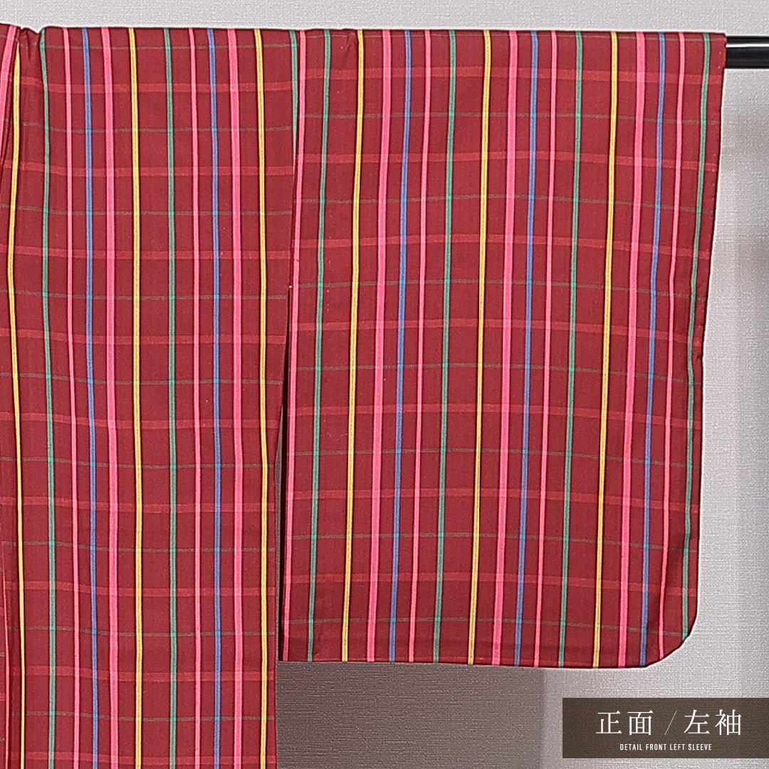 紬 アンサンブル 単衣 身丈153cm 裄丈63cm 正絹 Sランク Sサイズ バチ衿 カジュアル 肩当て 紐あり 縞 赤系 1216-15661