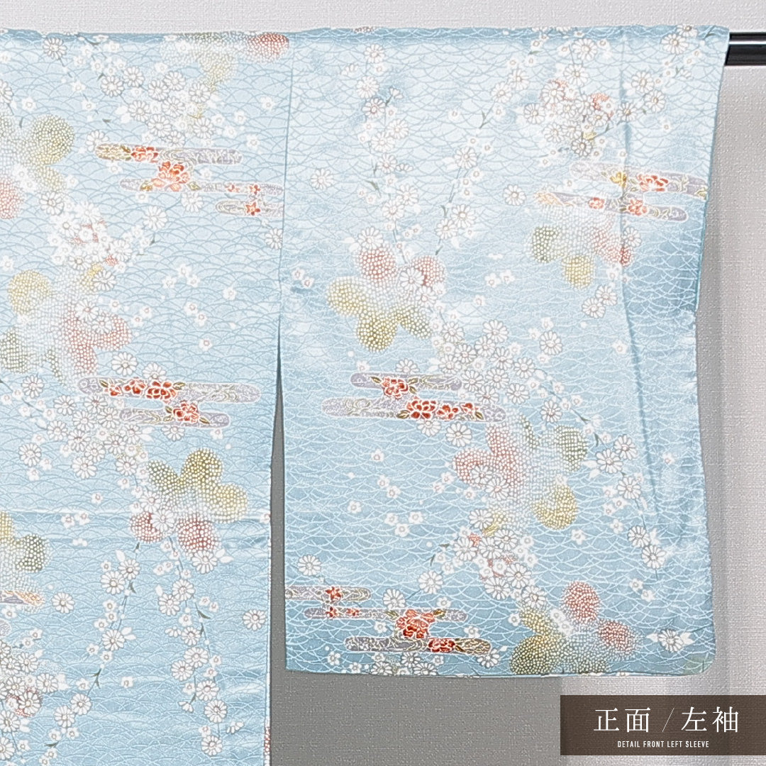 小紋 洗える着物 袷 身丈159cm 裄丈64cm ポリエステル Cランク Mサイズ 広衿 インフォーマル エ霞 梅 水色系 1215-15838
