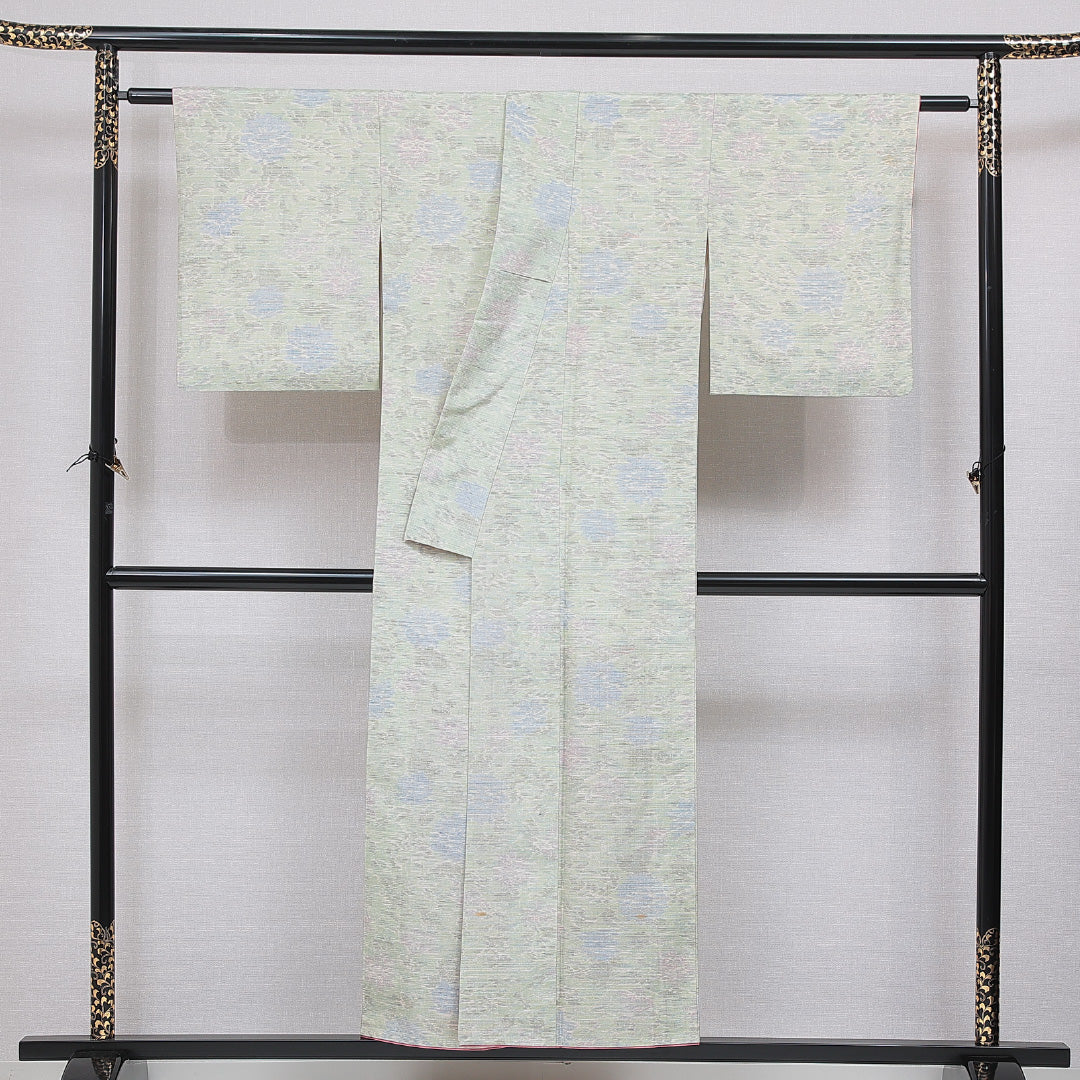 紬 袷 身丈151cm 裄丈63cm 正絹 Cランク カジュアル 広衿 Sサイズ 牡丹 緑系 HP 1223-16641