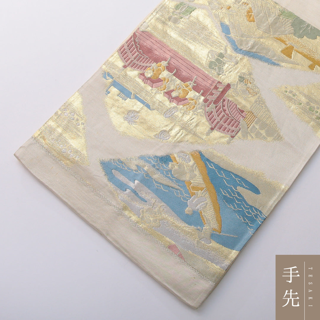 袋帯 帯丈404cm 正絹 六通 帯芯なし セミフォーマル 江戸 風景柄 金系 クリーム系 1243-02032