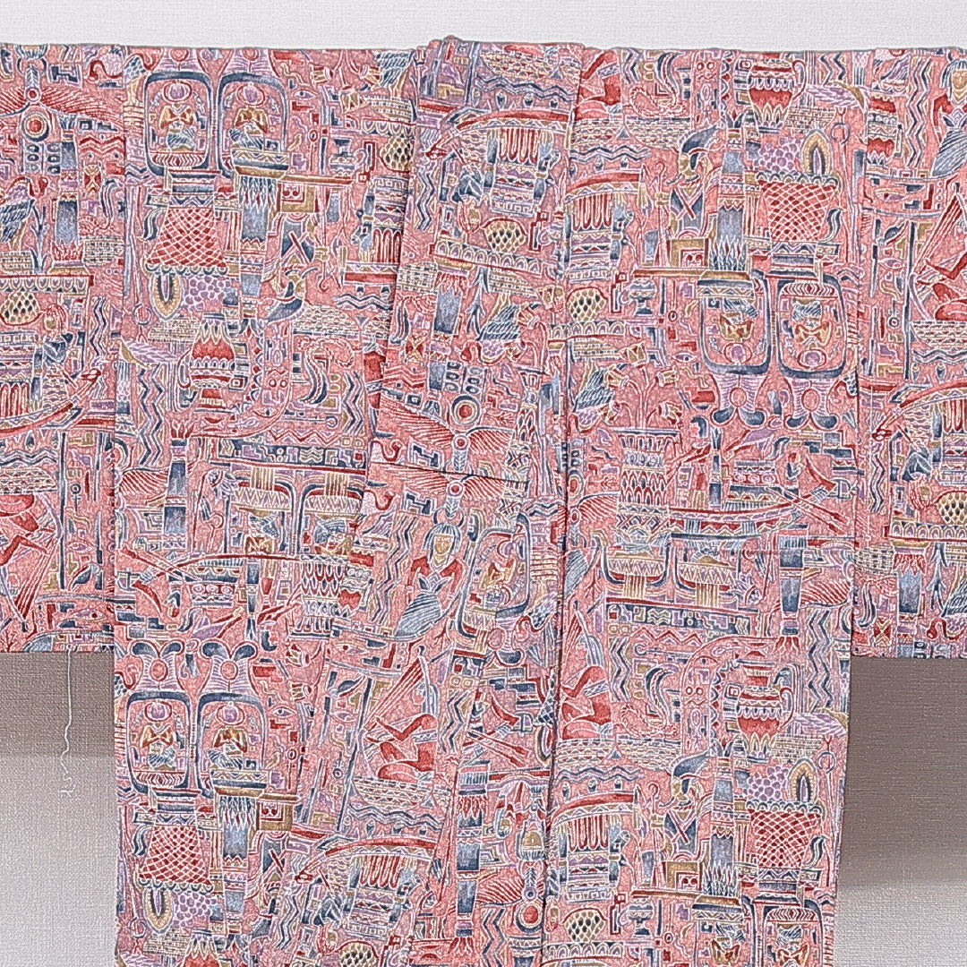 小紋 袷 身丈157cm 裄丈60cm 正絹 Aランク インフォーマル 広衿 Mサイズ コプト文様 ピンク系 RP 1221-15577
