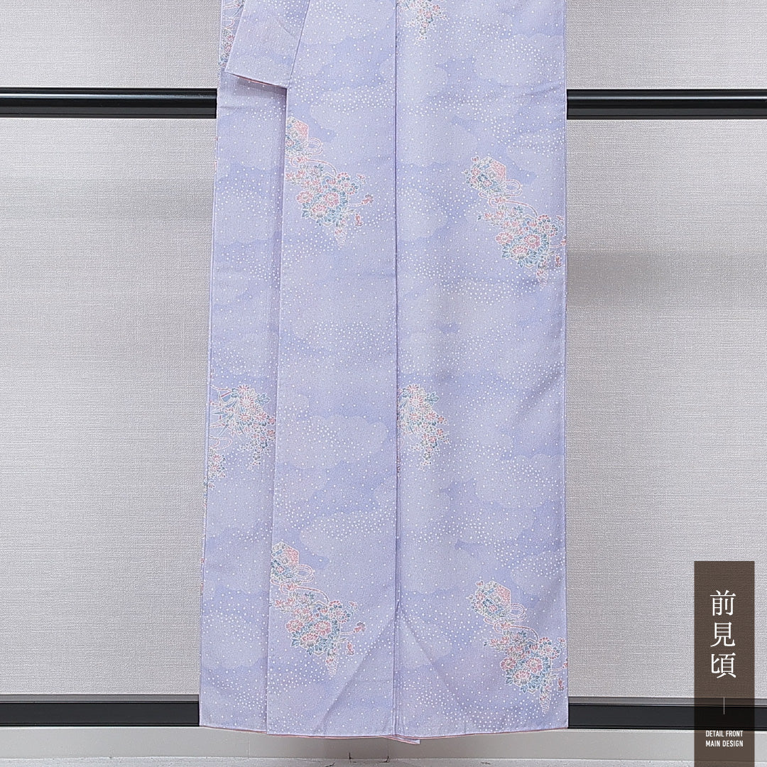 洗える着物 小紋 袷 身丈154cm 裄丈62cm ポリエステル Bランク インフォーマル バチ衿 Sサイズ 椿 吉祥文様 紫系 HP 1221-15848