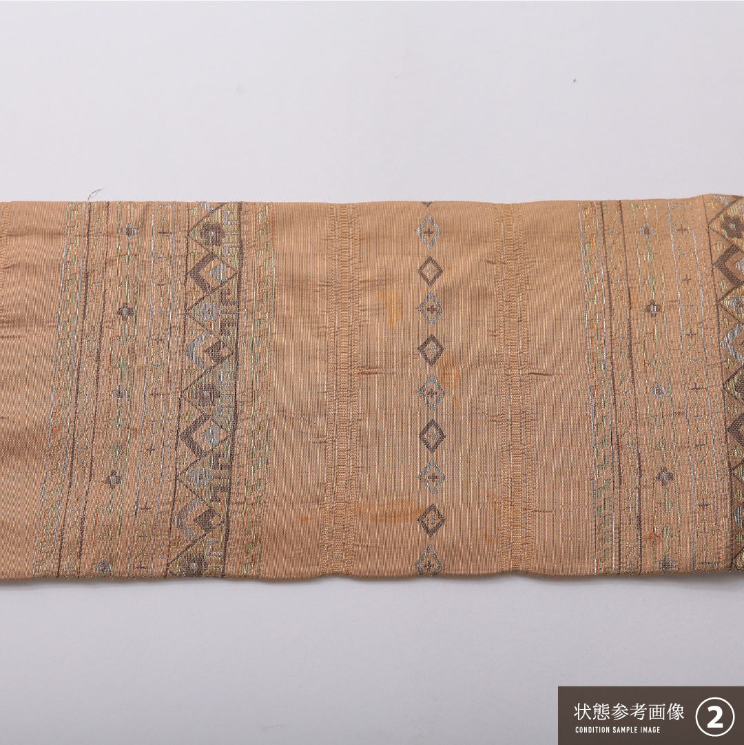 九寸名古屋帯 Bランク 帯丈359cm 正絹 六通 名古屋仕立て 織り カジュアル ふくれ織 創作柄 くすんだベージュ系 HP 1245-03632