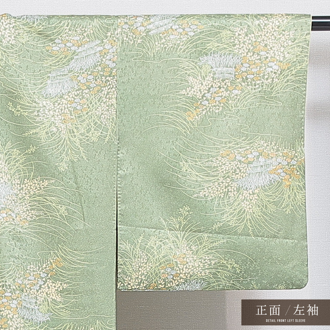 洗える着物 小紋 袷 身丈150cm 裄丈62cm ポリエステル Sランク インフォーマル 広衿 Sサイズ 植物柄 緑系 RP 1221-16273