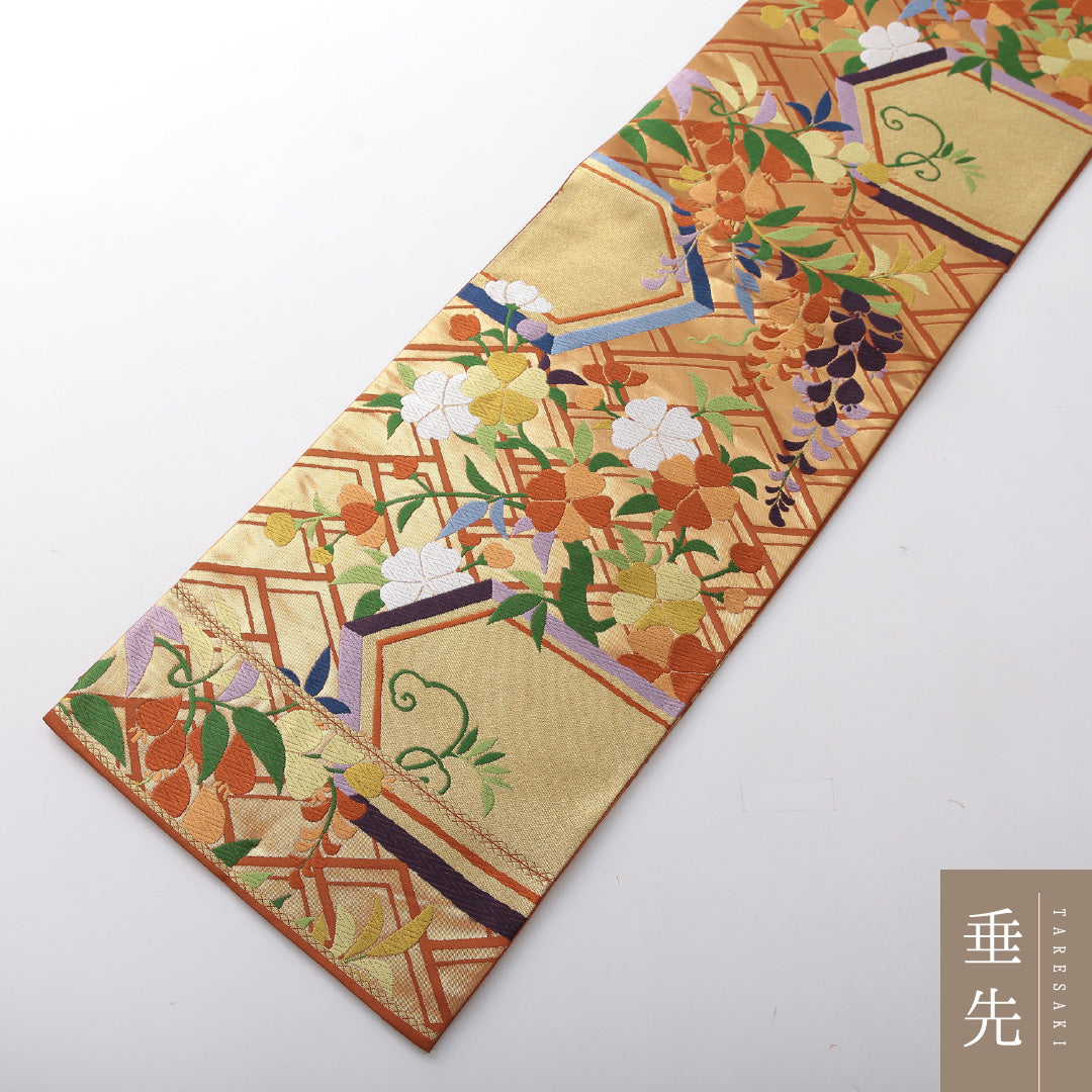 新古品 袋帯 帯丈428cm 珀寿錦 セミフォーマル 六通 Nランク 正絹 植物柄 落款 しつけ糸 青系 1223-02082