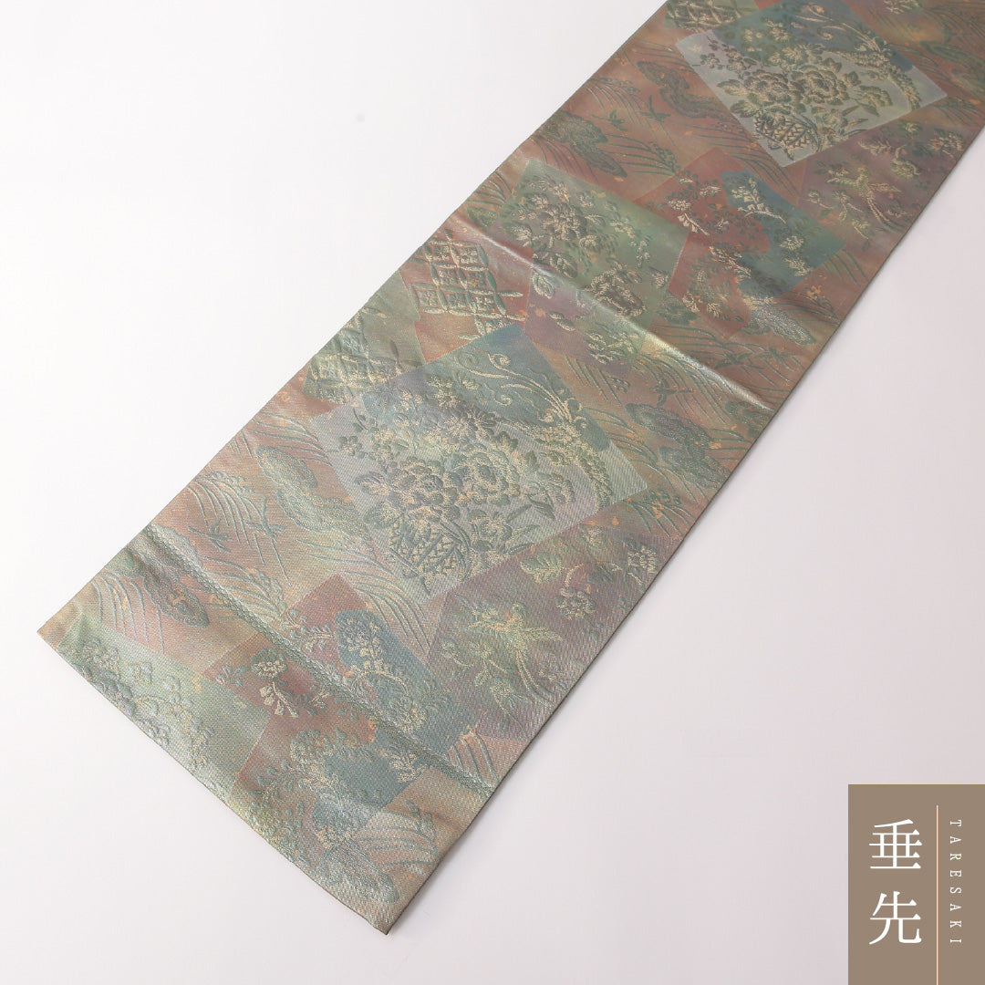 袋帯 帯丈424cm 正絹 六通 セミフォーマル ふくれ織 裂取り 緑系 1243-01829