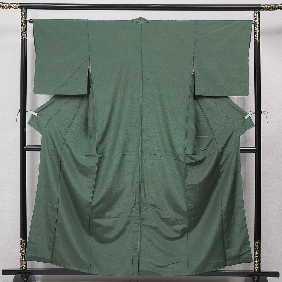 色無地(紬) 袷 身丈159cm 裄丈65cm 正絹 Cランク Mサイズ 広衿 インフォーマル 無地 緑系 1214-15609