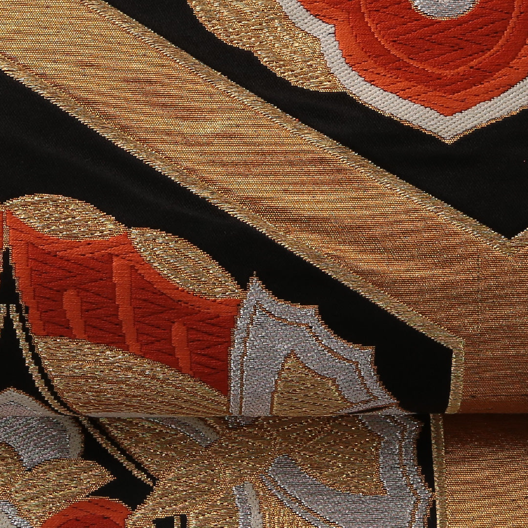 袋帯 帯丈418cm フォーマル 六通 Sランク 正絹 花菱 亀甲 黒系 金系 1223-01890