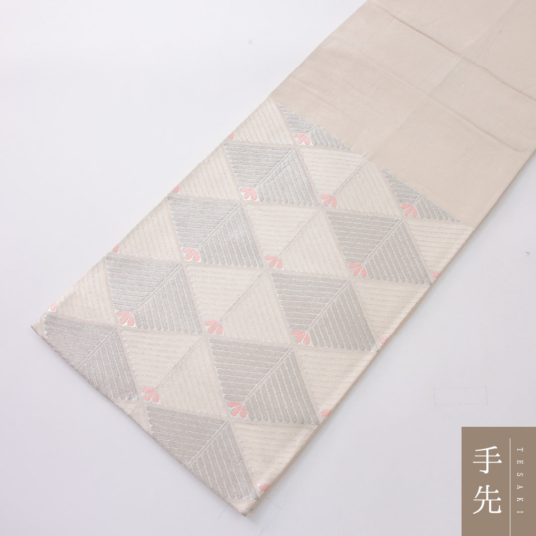 袋帯 帯丈420cm セミフォーマル 六通 帯芯なし Cランク 正絹 菱 クリーム系 1223-02247