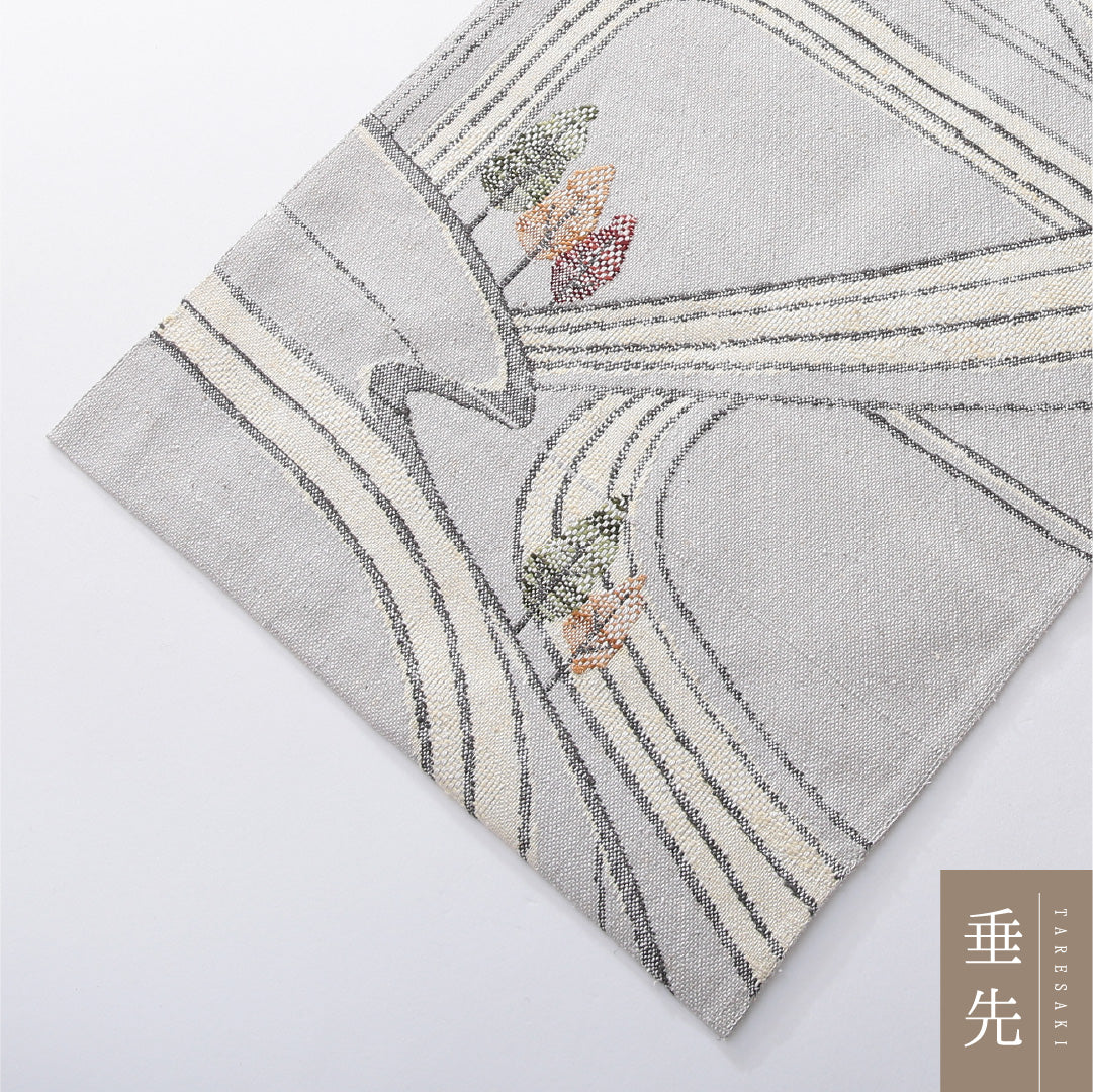 八寸名古屋帯(紬) 帯丈351cm カジュアル 松葉仕立て 六通 Cランク 正絹 創作柄 グレー系 1224-03901