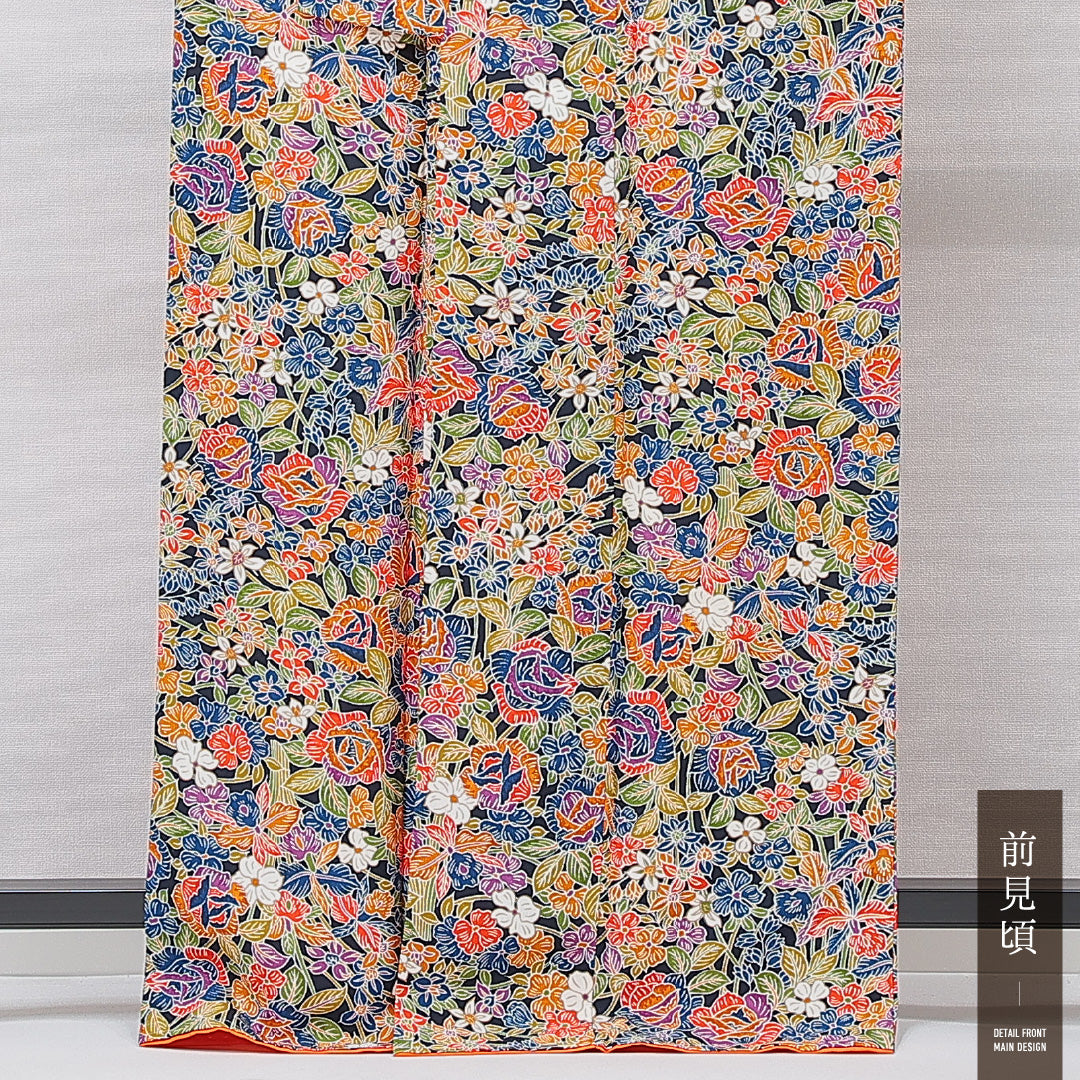 小紋 袷 身丈164cm 裄丈65cm 正絹 Aランク インフォーマル 広衿 Lサイズ 花柄 多色系 RP 1221-15200