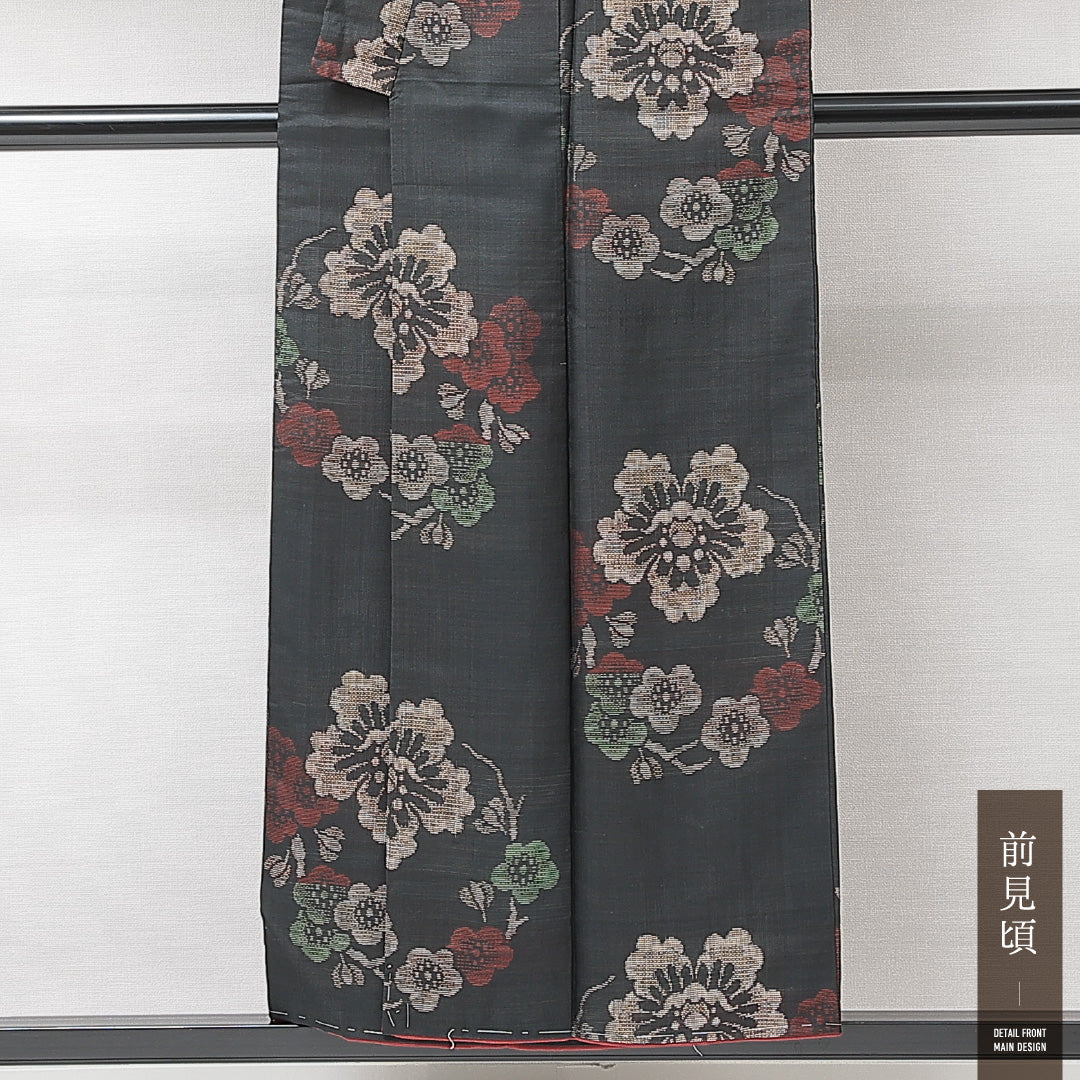 紬 袷 身丈152cm 裄丈62cm 正絹 Aランク カジュアル バチ衿 Sサイズ 梅 黒系 RP 1223-15224