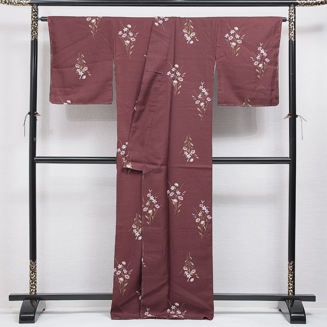 未使用品 洗える着物 小紋 袷 身丈166cm 裄丈67cm ポリエステル Nランク インフォーマル 広衿 XLサイズ 秋桜 赤系 RP 1221-16232