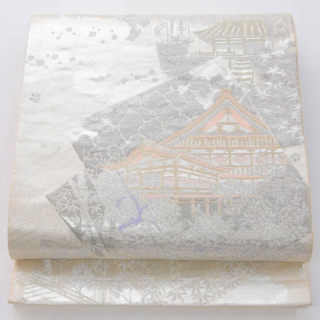 袋帯 帯丈432cm プラチナ箔二重織 フォーマル 六通 Aランク 正絹 寺社仏閣 銀系 1223-02316