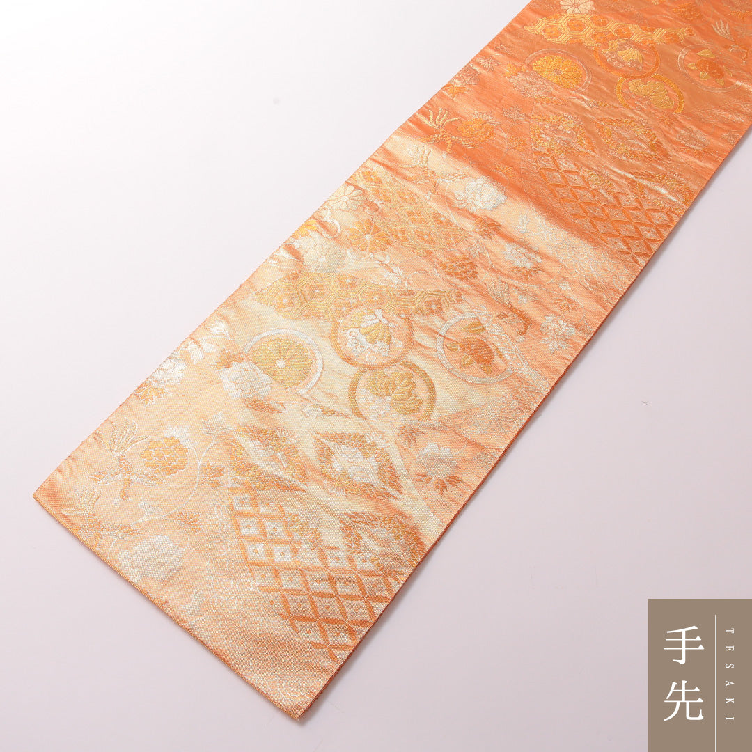 袋帯 帯丈440cm 正絹 全通 フォーマル 尾長鳥 吉祥文様 金系 朱系 1243-01853