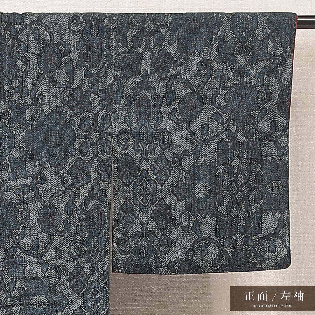 紬 袷 身丈150cm 裄丈61cm 正絹 Sランク カジュアル 広衿 Sサイズ 唐華 グレー系 M4 1223-16928