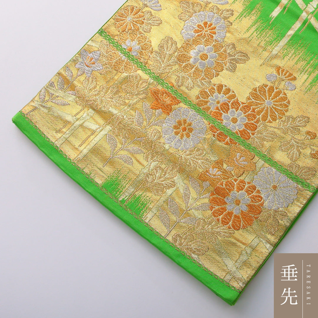 袋帯 帯丈420cm フォーマル 六通 Sランク 正絹 菊 金系 緑系 1223-02003