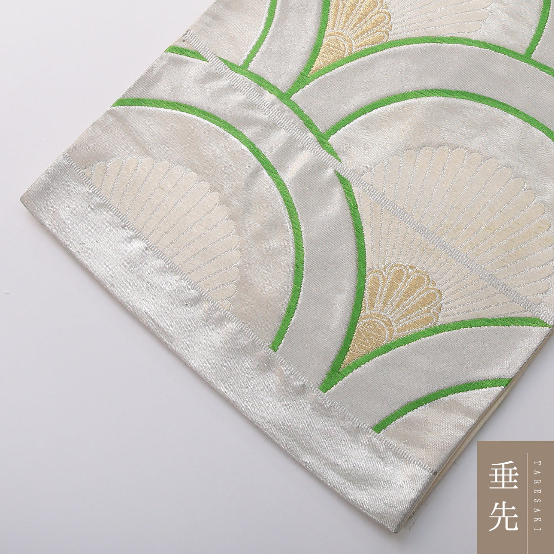 袋帯 帯丈426cm 正絹 六通 未仕立て 帯芯なし 青海波 菊 吉祥文様 銀系 1243-02008