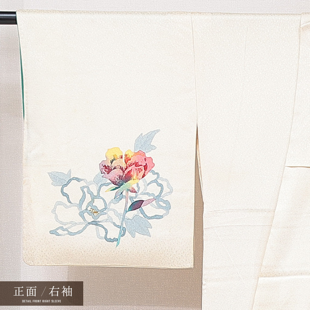 付下げ 袷 身丈153cm 裄丈65cm 正絹 Cランク インフォーマル 広衿 Sサイズ 牡丹 クリーム系 LP 1218-15339