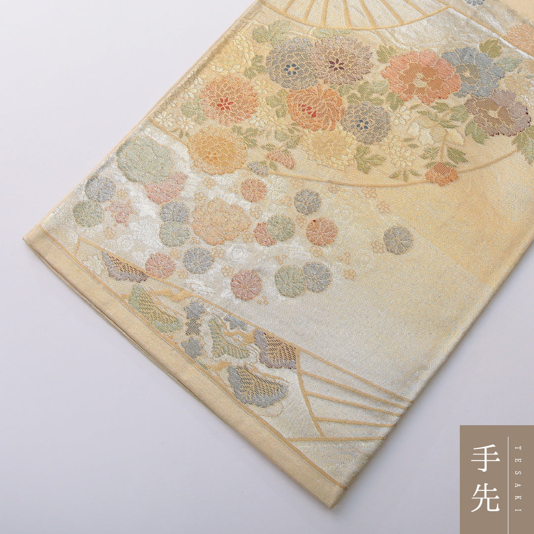 袋帯 帯丈418cm 正絹 六通 帯芯なし フォーマル 綴れ織 扇面文 金系 1243-02031