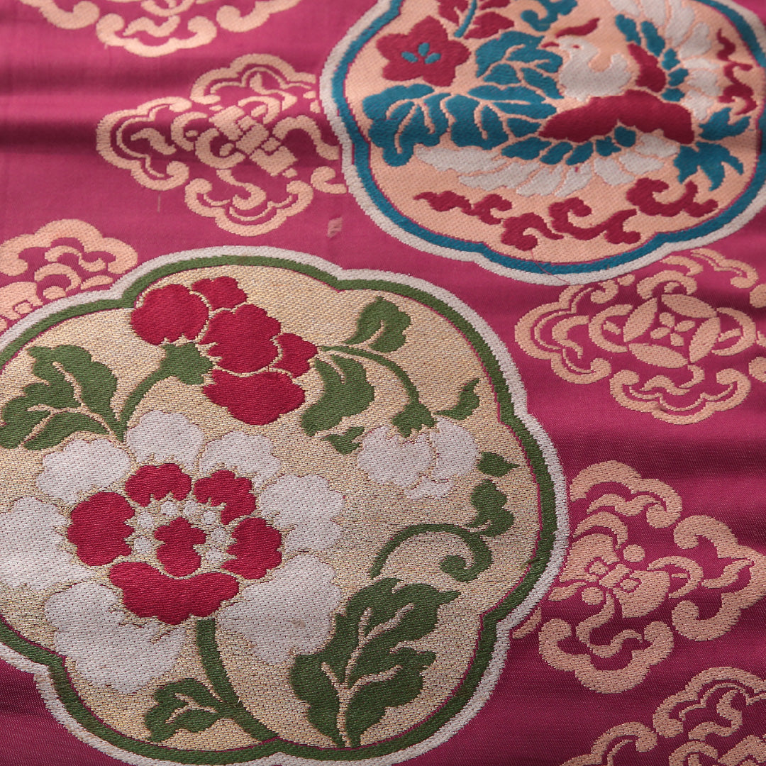 アンティーク 九寸名古屋帯 帯丈315cm 名古屋仕立て ポイント柄 Cランク 正絹 牡丹 紫系 赤系 1224-03810