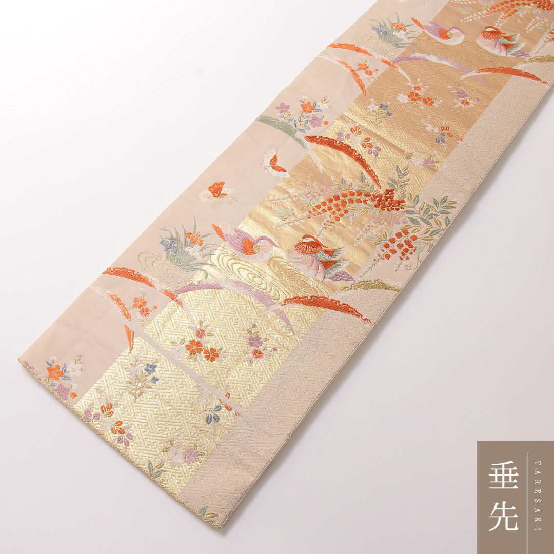 袋帯 帯丈444cm フォーマル 六通 Sランク 正絹 蝶 鴛鴦 金系 1223-01870