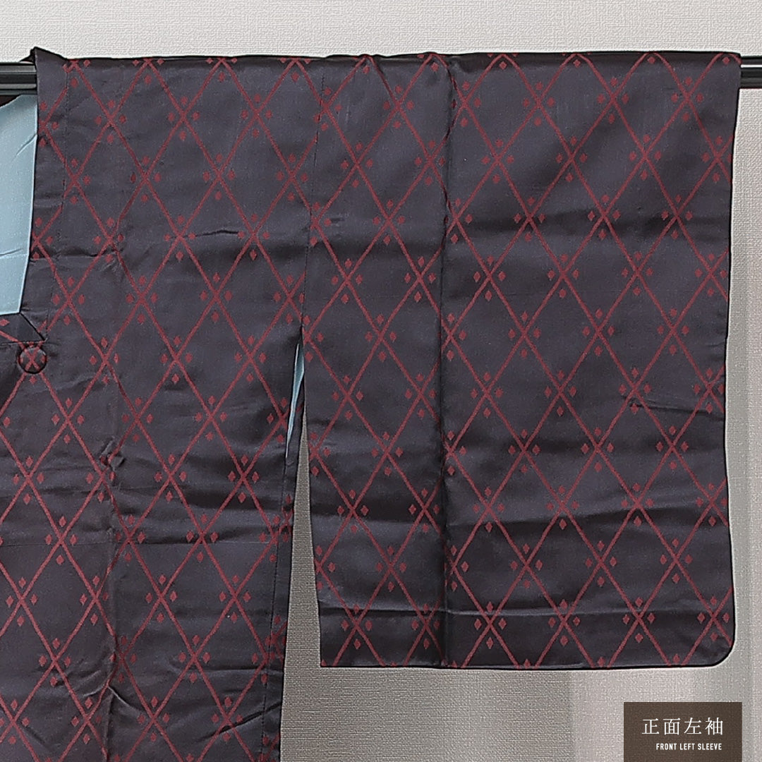 道行コート 袷 身丈123cm 裄丈64cm 正絹 Sランク セミフォーマル Mサイズ ポケットあり 菱 紺系 RP 1237-15268