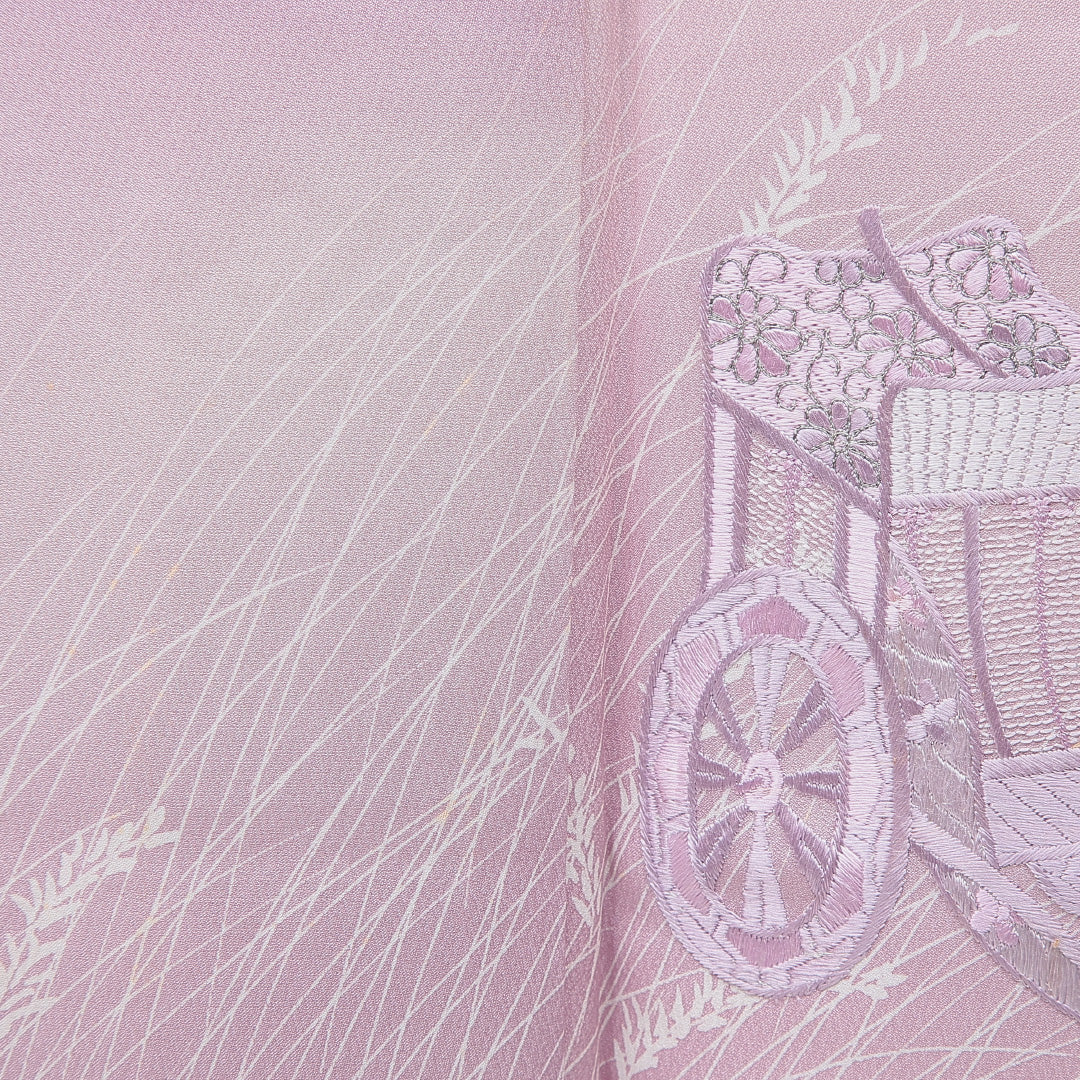 訪問着 袷 身丈154cm 裄丈64cm 正絹 Cランク Sサイズ 広衿 セミフォーマル 御所車 紫系 ピンク系 1212-15646