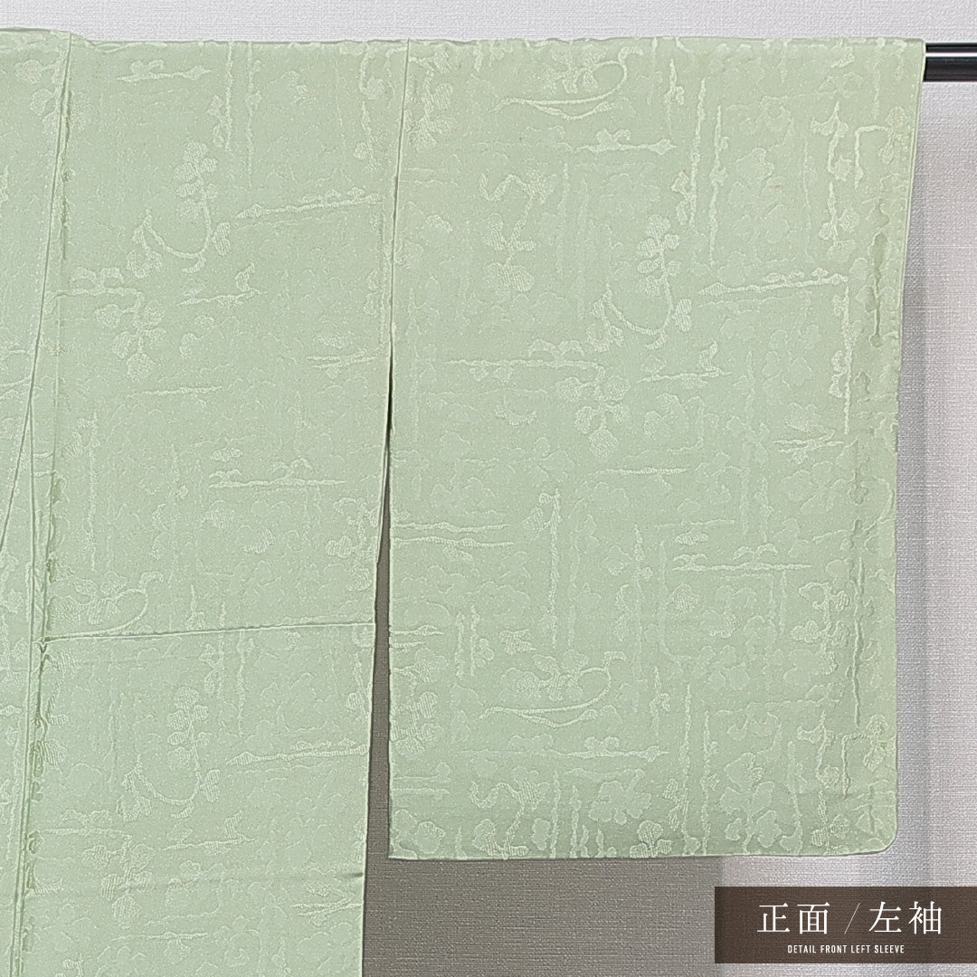 色無地 袷 身丈166cm 裄丈66cm 正絹 Cランク 一つ紋 (花菱) 紋意匠 (創作柄) セミフォーマル 広衿 XLサイズ 織り出し 緑系 HP 1219-15593