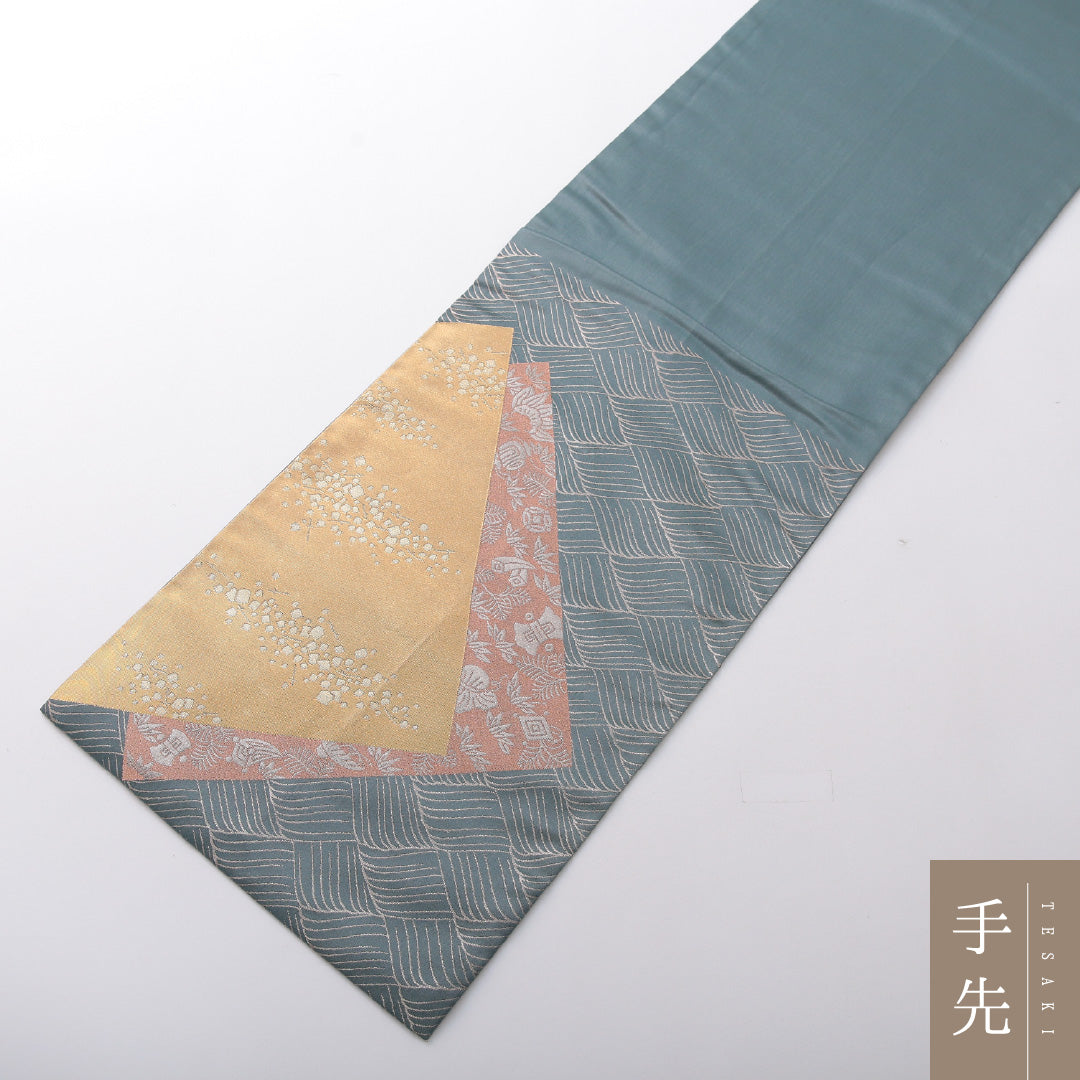 袋帯 帯丈436cm フォーマル 六通 Sランク 正絹 創作柄 青系 1223-02070