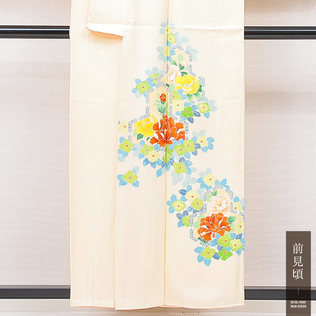 訪問着 袷 身丈156cm 裄丈64cm 正絹 Cランク セミフォーマル 広衿 Mサイズ 牡丹 黄系 HP 1217-15051