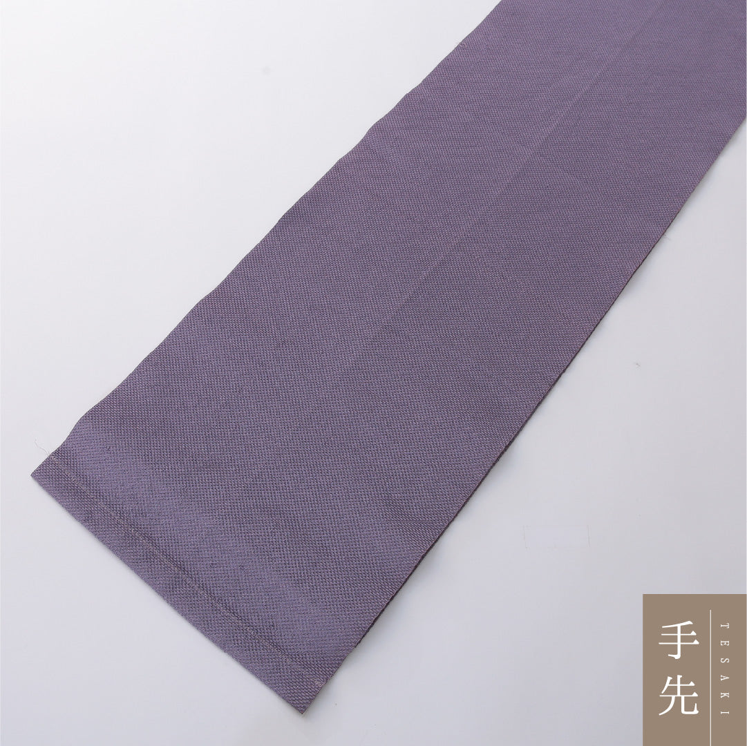 九寸名古屋帯 帯丈364cm カジュアル 開き仕立て 全通 Aランク 正絹 巻物 笹 紫系 1224-03277
