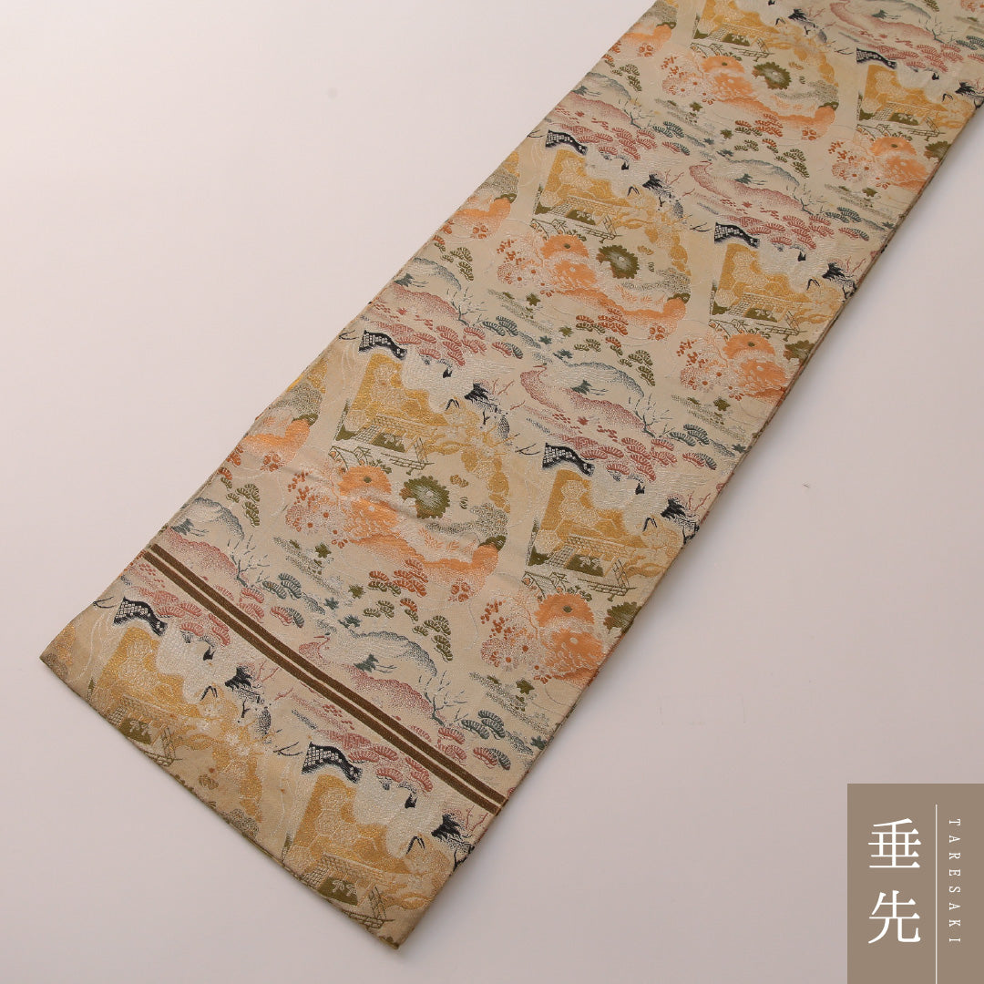 アンティーク 袋帯 帯丈400cm 全通 Cランク 正絹 御所解 松 クリーム系 金系 1223-01911
