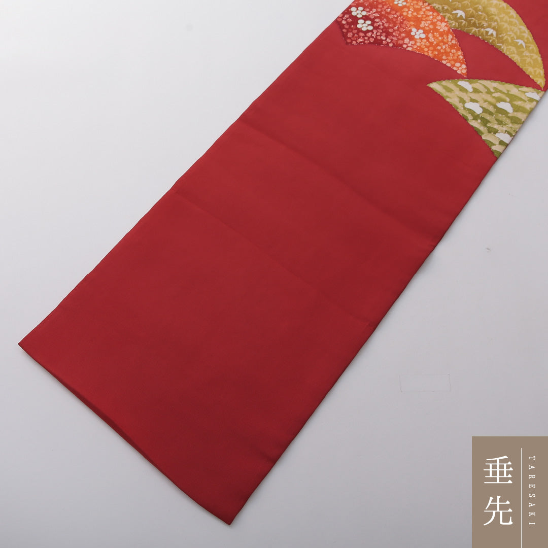 九寸名古屋帯 Aランク 帯丈353cm 正絹 ポイント柄 名古屋仕立て 染め インフォーマル 塩瀬 青海波 赤系 RP 1245-03661