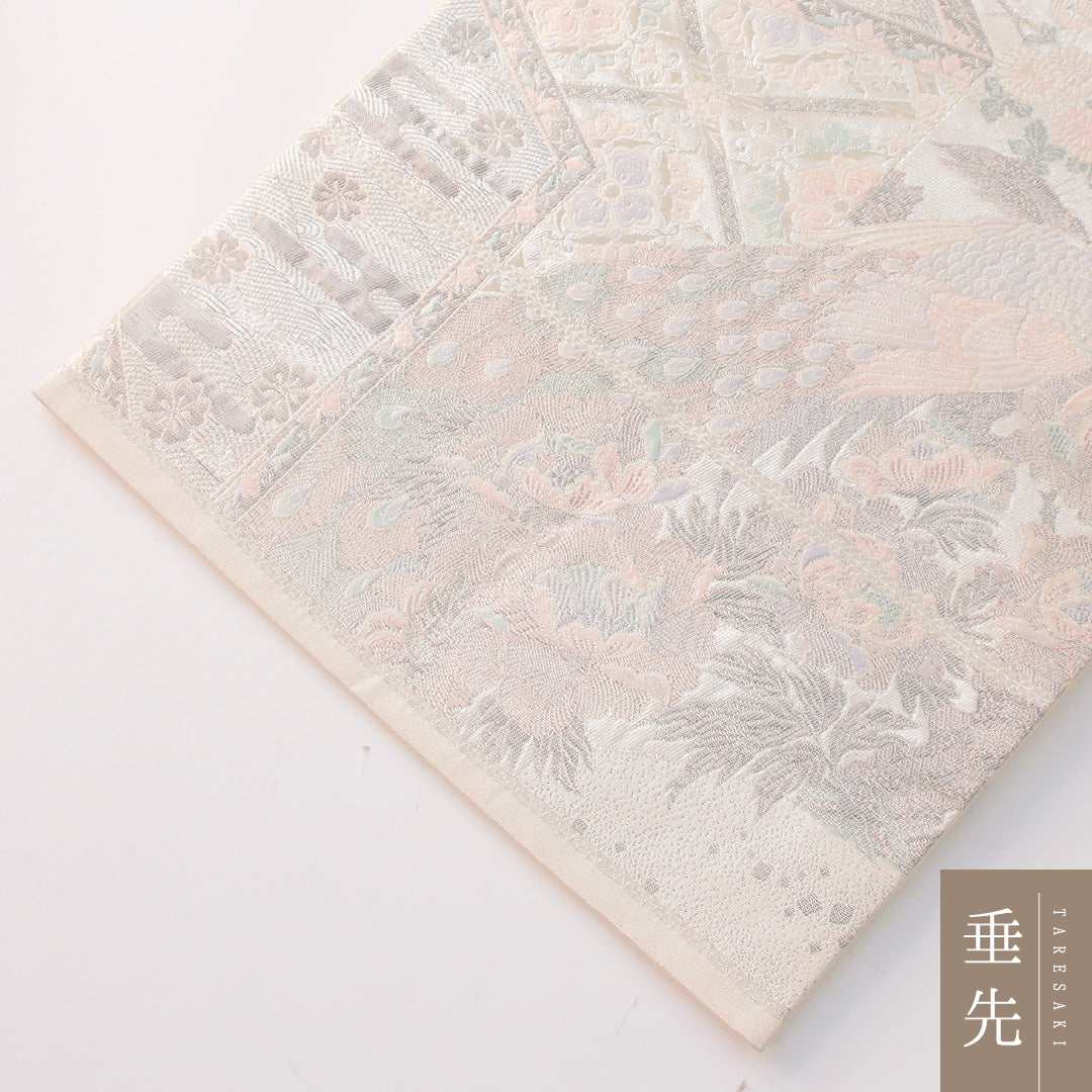 袋帯 帯丈432cm 正絹 六通 フォーマル 佐賀錦 孔雀 吉祥文様 銀系 1243-02301
