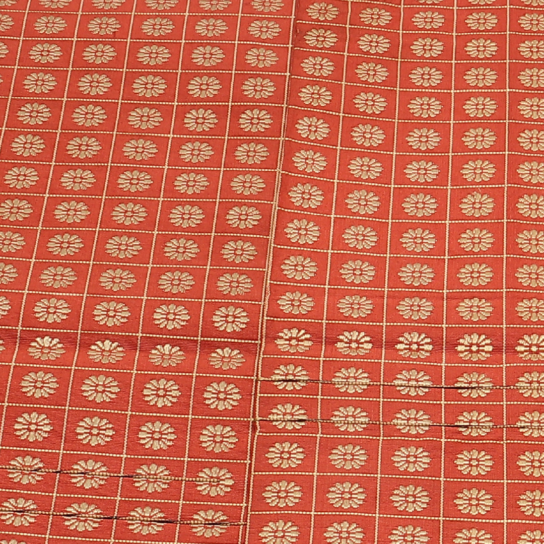 半幅帯 帯丈352cm カジュアル 小袋帯 全通 Aランク 正絹 格子 菊 朱系 1225-00642